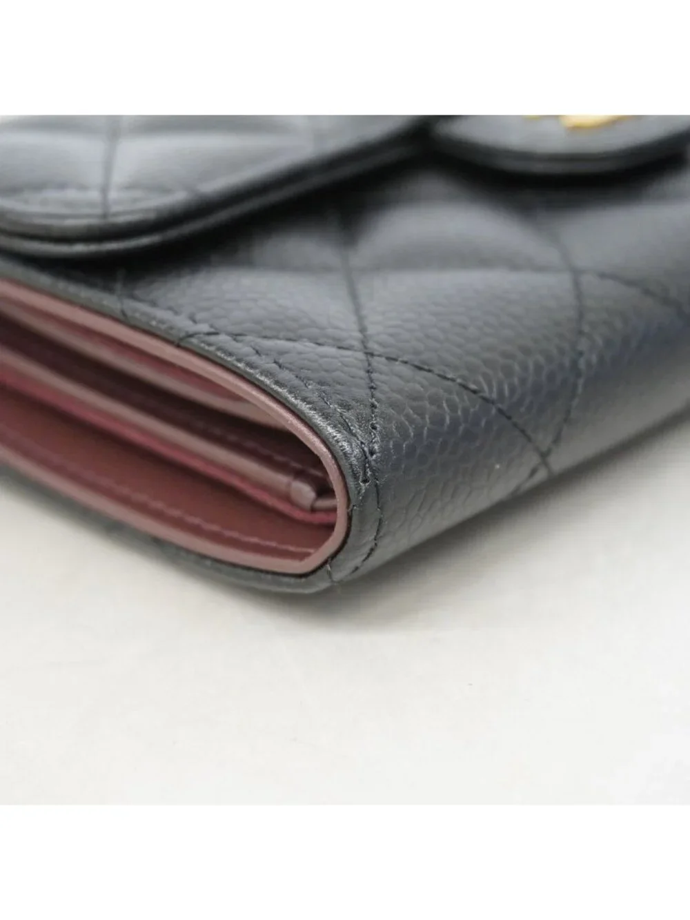 Chanel Trifold Wallet Quilted Caviar Leather Black Gold